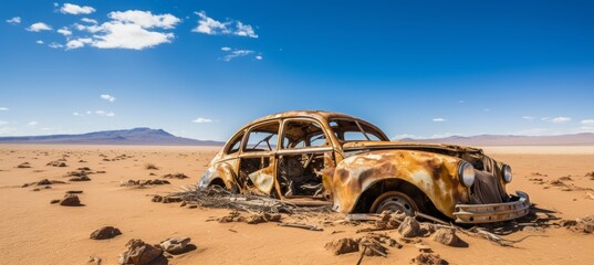 Abandoned classic rusty vintage car wreck in sahara desert for apocalyptical and forgotten concepts