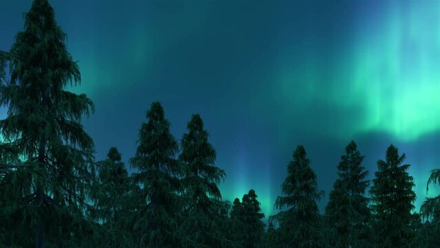 High resolution night view with aurora lighting in the sky with mountains covered with trees video template, high quality aurora borealis video view 3d rendering.