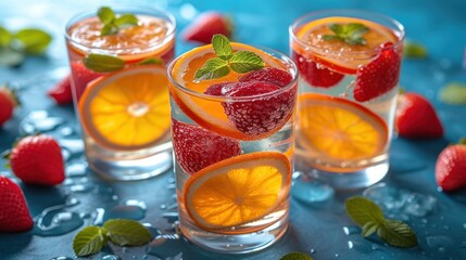 Fresh Strawberry Lemonade, Strawberry Orange Spritzer, Fruit-Infused Lemonade, Strawberry Orange Smoothie. - obrazy, fototapety, plakaty