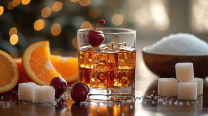 Festive Fruit Cocktail, Sweet Citrus Drink, Fruit-Infused Cocktail, Sugar-Dusted Fruit Drink. - obrazy, fototapety, plakaty