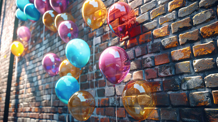 Bright balloons near brick wall.