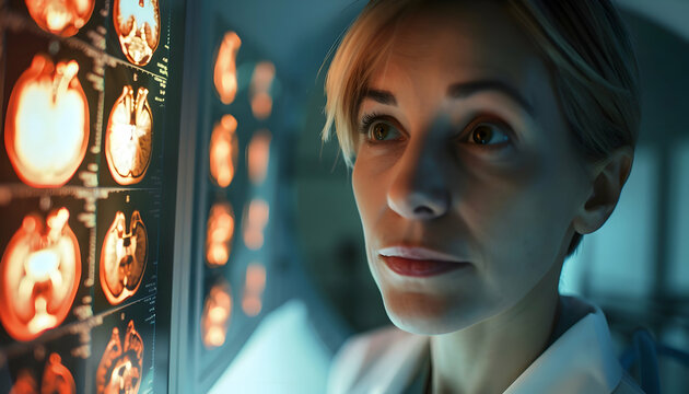  The serious expression of a doctor as she examines MRI scans of the heart and body, revealing signs of heart disease.