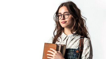A young woman with books in an isolated white background.