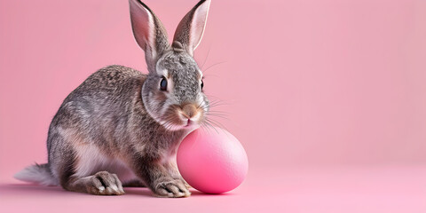 Fototapeta premium Easter Journey of a Bunny Offering Copy Space for Forest Explorations, Basket Snoozes, and Beach Basking with pink background 