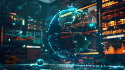 Background of a holographic globe with digital overlays tracking new viruses spread, set in a high-tech monitoring center.