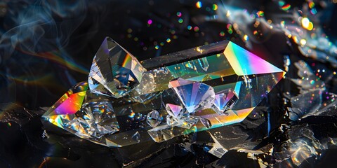 iridescent crystal leak glare reflection, optical rainbow lights, glare