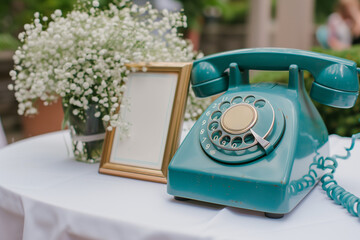 Audio guest book at wedding mockup. Teal retro rotary phone concept.