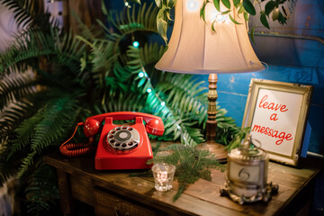 Audio guest book at wedding. Red retro rotary phone concept. - obrazy, fototapety, plakaty