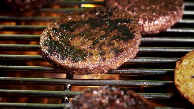 Roasting Vegan Burger Patties on BBQ Grill Super Slow Motion