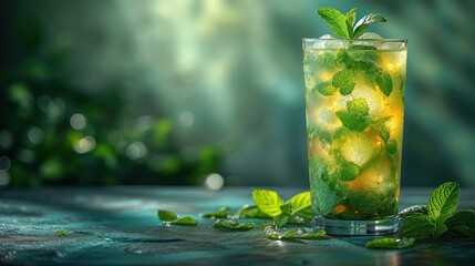 Minty Mojito, Freshly Mixed Mint Drink, Cool and Refreshing Mint Beverage, Green Tea with a Twist of Mint. - obrazy, fototapety, plakaty