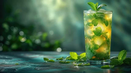 Fotobehang Minty Mojito, Freshly Mixed Mint Drink, Cool and Refreshing Mint Beverage, Green Tea with a Twist of Mint. © Marius