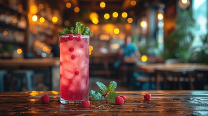 A Refreshing Mint Julep, Sweet and Fruity Drink with a Twist of Mint, Summer Cocktail with Raspberries and Mint Leaves, Flavorful Glass of Juice with Mint and Berries. - obrazy, fototapety, plakaty