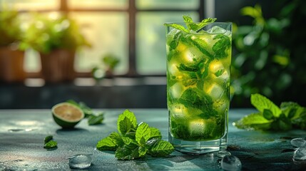 Minty Mojito, Freshly Brewed Iced Tea with Mint Leaves, Cool and Refreshing Mint Julep, A Glass of Minty Lemonade on a Sunny Day. - obrazy, fototapety, plakaty