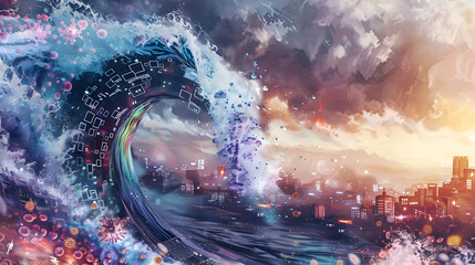 A digital background of  tsunami wave, symbolizing the overwhelming spread of new viruses crashing over a cityscape made of circuitry and digital elements.