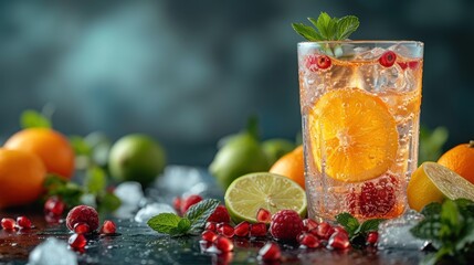 Fresh Fruit and Herbs Garnish a Drink, A Refreshing Beverage with Fruit Slices, Colorful Fruits Adorn a Clear Glass of Juice, An Appetizing Display of Fruit and Ice.