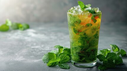 Minty Mojito, Freshly Squeezed Lemonade with Mint Leaves, Cool and Refreshing Mint Julep, A Glass of Iced Tea with a Touch of Mint. - obrazy, fototapety, plakaty