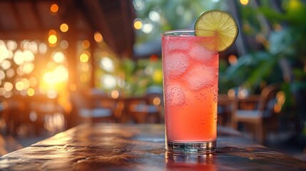 Sunlit Pink Drink, Iced Tea with a Twist, Fruity Refresher on the Table, Glass of Lemonade with Ice.