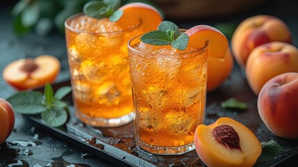 Fresh Fruit and Peach-Flavored Drinks, Peaches and Peach-Flavored Beverages, A Tasty Combination of Peaches and Drinks, Sweet Peaches and Refreshing Drinks.