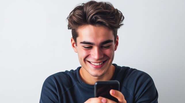 Smiling man with smartphone on gray background.
