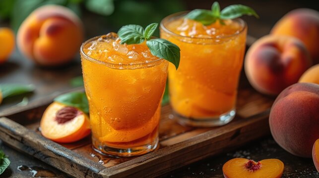 Fresh Peach Juice, Peachy Refreshing Drinks, Sweet and Fruity Beverages, Juicy Peaches in Glasses.