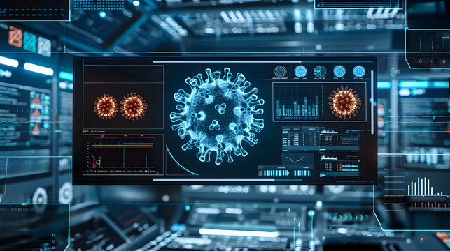 A futuristic interface displaying a 3D model of the new virus, surrounded by advanced analytical tools and digital data panels. The background is a virtual lab setting, with screens showing genetic.