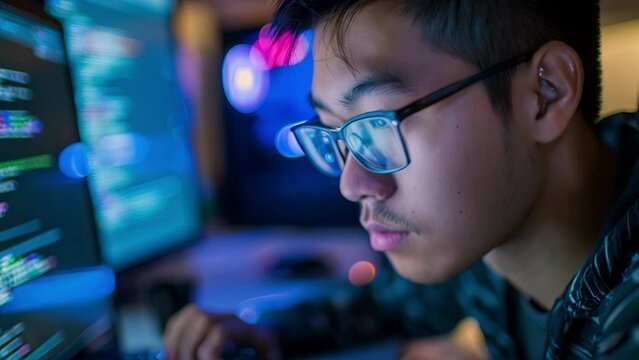 Close up of an Asian man with mustache with glasses reflecting computer screen while writing computer code 