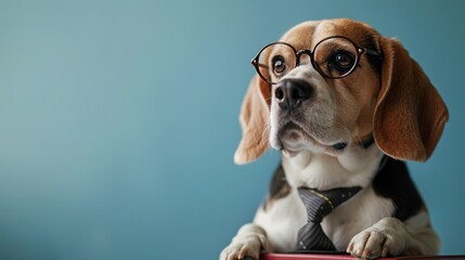 A dog on an isolated blue background with a stack of books. - obrazy, fototapety, plakaty