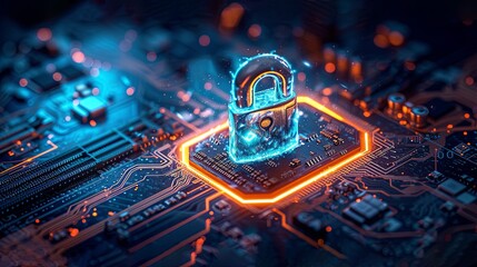 Padlock Symbolizing Digital Security Standing on CPU Motherboard, Conveying Trust and Technology in Cybersecurity Concept