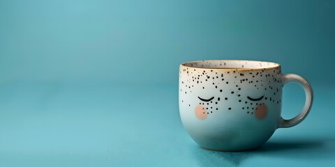 coffee cup ceramic with sleepy face expression - obrazy, fototapety, plakaty
