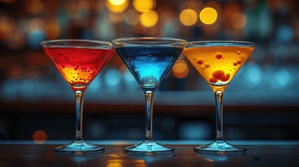 Three colorful martinis on a bar., A trio of vibrant cocktails in glasses., Three different colored drinks lined up on a counter., Three unique-colored martini glasses filled with beverages..