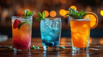Fruit-Infused Cocktails, Colorful Drinks on the Table, Three Glasses of Flavored Liquor, Sweet and Tasty Beverages.