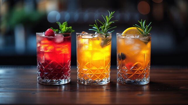 Fruit-Infused Cocktails, Colorful Drinks on the Table, Flavorful Fruit-Based Beverages, Freshly Prepared Cocktails.