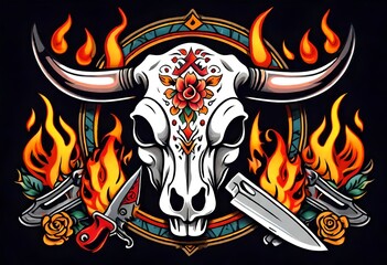 Illustration of Vintage, Flash art, Tattoo, Bull, Cow skull, Flames and fire, Retro, Old-school, Ink.
