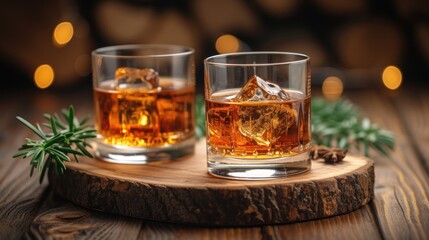 Two Glasses of Whiskey, A Pair of Drinks on a Cutting Board, Whiskey and Ice Cubes in Glasses, Ice-Cold Whiskey Served in Glasses.