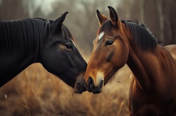Two Horses Nuzzling Each Other, A Gentle Moment Between Two Horses, The Bond of Friendship between Two Horses, Horses Showing Affection and Comfort to Each Other.