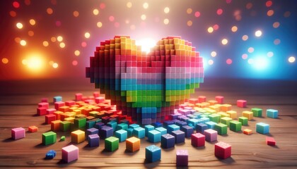 A captivating 3D pixelated heart illuminated in a neon spectrum of colors against a sparkling and bokeh-lit background.