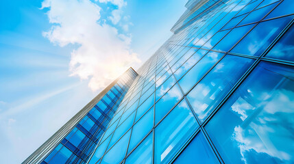 Obraz premium Office building with cloudy sky, and glass showing day shine, Bottom-up view