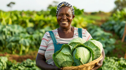 A woman standing in the field of a vegetable holding a basket of cabbage