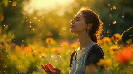 A beautiful young woman practicing meditation in nature - obrazy, fototapety, plakaty