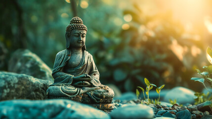 A statue of Buddha meditating. Mindfulnes, zen and meditation concept. - obrazy, fototapety, plakaty