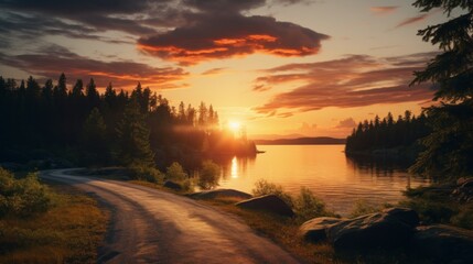 Obraz premium A Beautiful Dark Evening Landscape with a Lake and a Road near the Forest. Sunset, Nature, Summer concepts.
