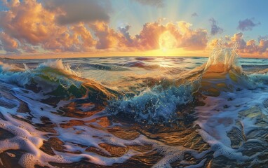 Sunset at the Ocean Shore, Waves Crashing on the Beach, Ocean Sunrise with Foamy Waters, Golden Hour by the Sea.
