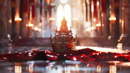 A king's crown sitting in a majestic throne hall