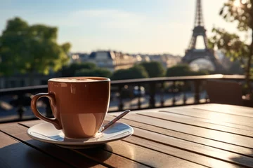 Zelfklevend Fotobehang Coffee Cup by the Eiffel Tower. Generative AI © Uliana