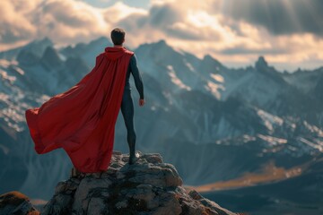 Businessman Superhero in Red Cape Standing on Mountain Top. Generative AI