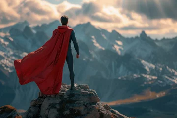 Poster Businessman Superhero in Red Cape Standing on Mountain Top. Generative AI © Uliana