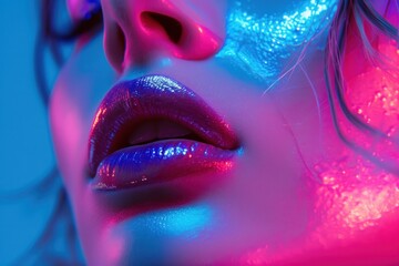 Pink and Blue Lips, Vibrant Makeup on a Model's Face, Colorful Cosmetics on a Woman's Mouth, Bold Lipstick with Purple and Blue Tones.