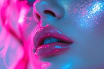 Pink and Blue Makeup, Glowing Pink Lips, Lipstick with Sparkles on Face, Colorful Makeup on Woman's Face.