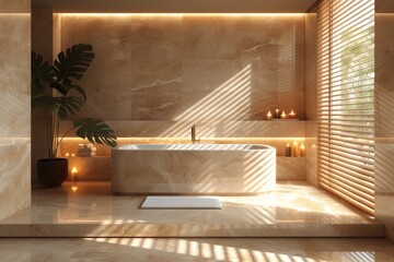 Modern Bathroom With Bathtub and Plant. Generative AI
