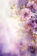 Watercolor painting of purple and gold flowers postcard for wedding wallpaper with gold details and copy space 